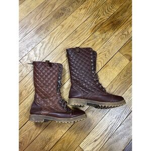 Brown Quilted Combat Boots Lace Up Mid Calf Platform Moto Grunge‎ Boots